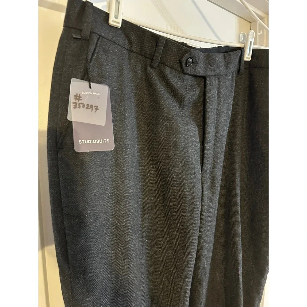 NEW Studio Suits Bespoke‎ Mens Charcoal Herringbone Wool Blend Dress Pants 39x27